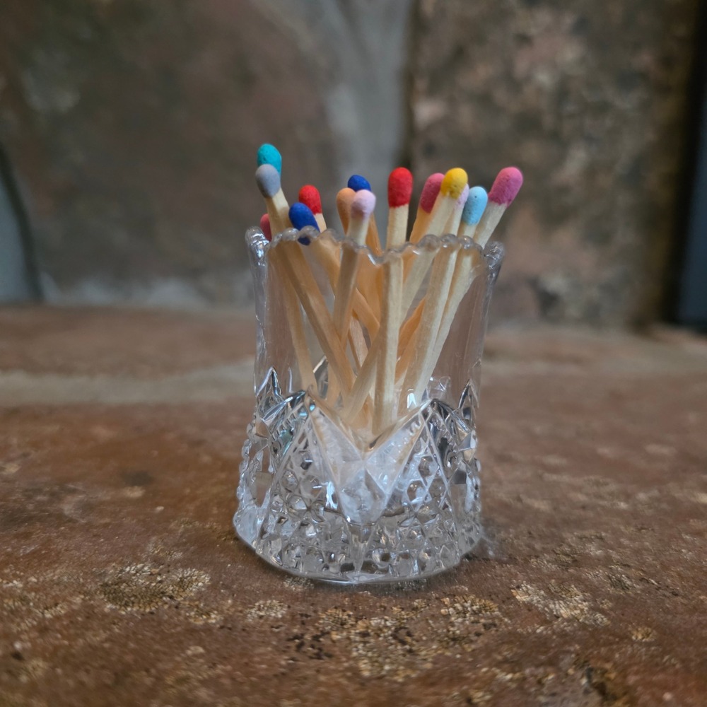 Vintage Miniature Pressed Glass Match Toothpick Holder Star Diamond Pattern 2in